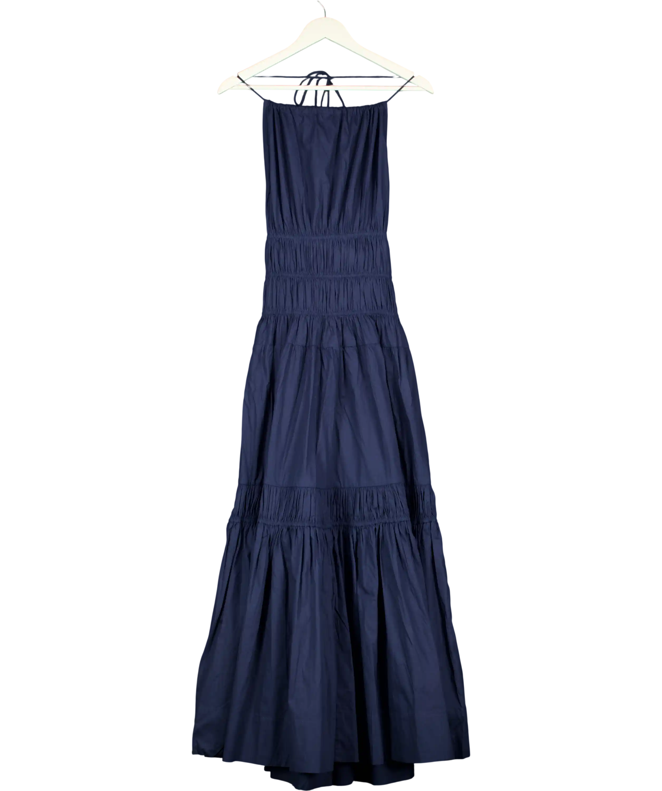KAREN MILLEN Navy Blue Shirred Cotton Tiered Halter Neck Woven Maxi Dress UK 6