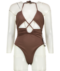 4th & Reckless Chocolate Brown Cut Out Halterneck Swimsuit UK 6