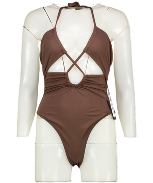 4th & Reckless Chocolate Brown Cut Out Halterneck Swimsuit UK 6