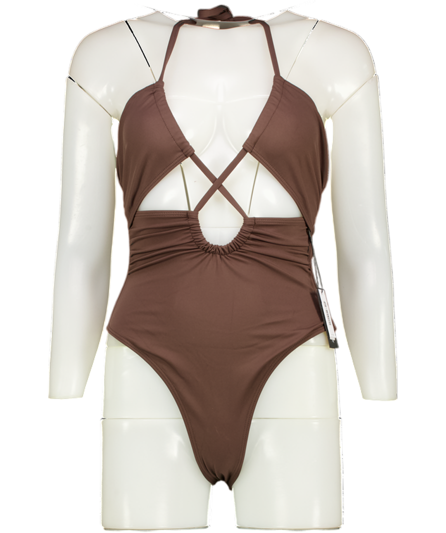 4th & Reckless Chocolate Brown Cut Out Halterneck Swimsuit UK 6