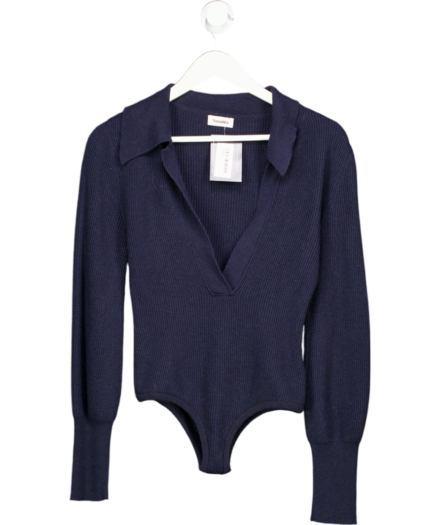 Nanushka Dane  Navy Blue Wool/cashmere Ribbed Knit Collared Long Sleeve Bodysuit UK XS