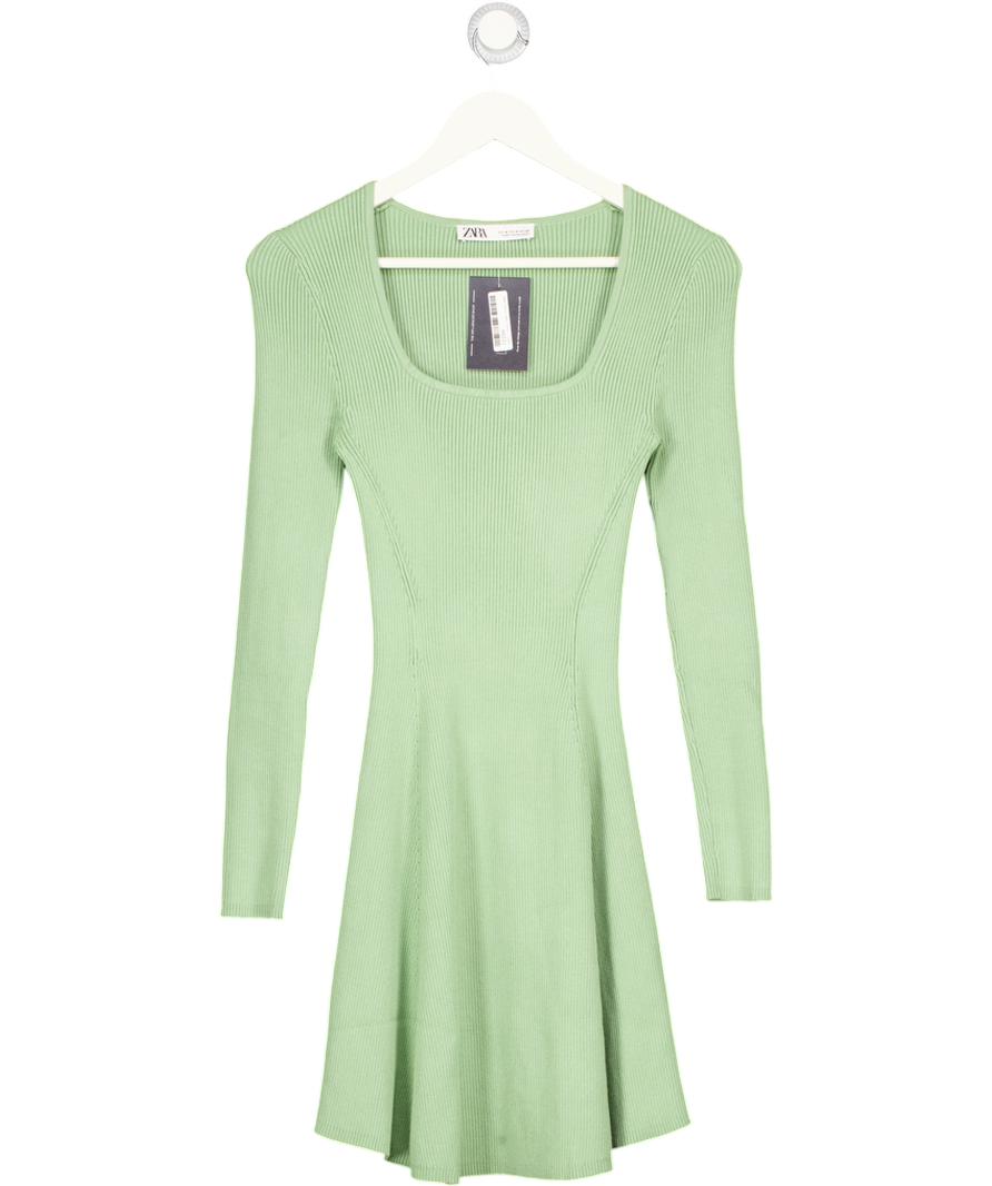 ZARA Green Ribbed Fit & Flare Mini Dress UK M