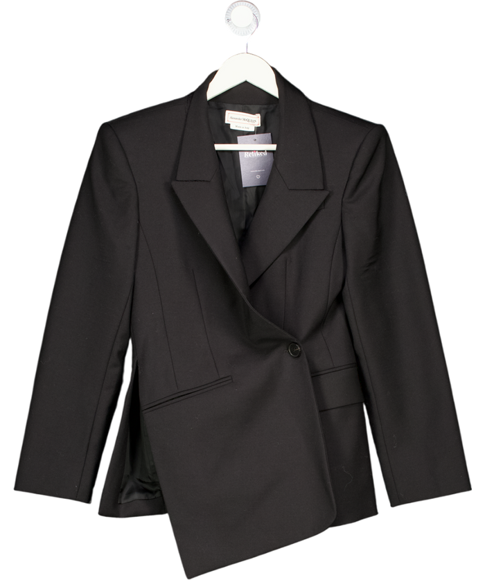 Alexander McQueen Black Wool & Mohair Asymmetric Blazer Jacket It42 UK 10