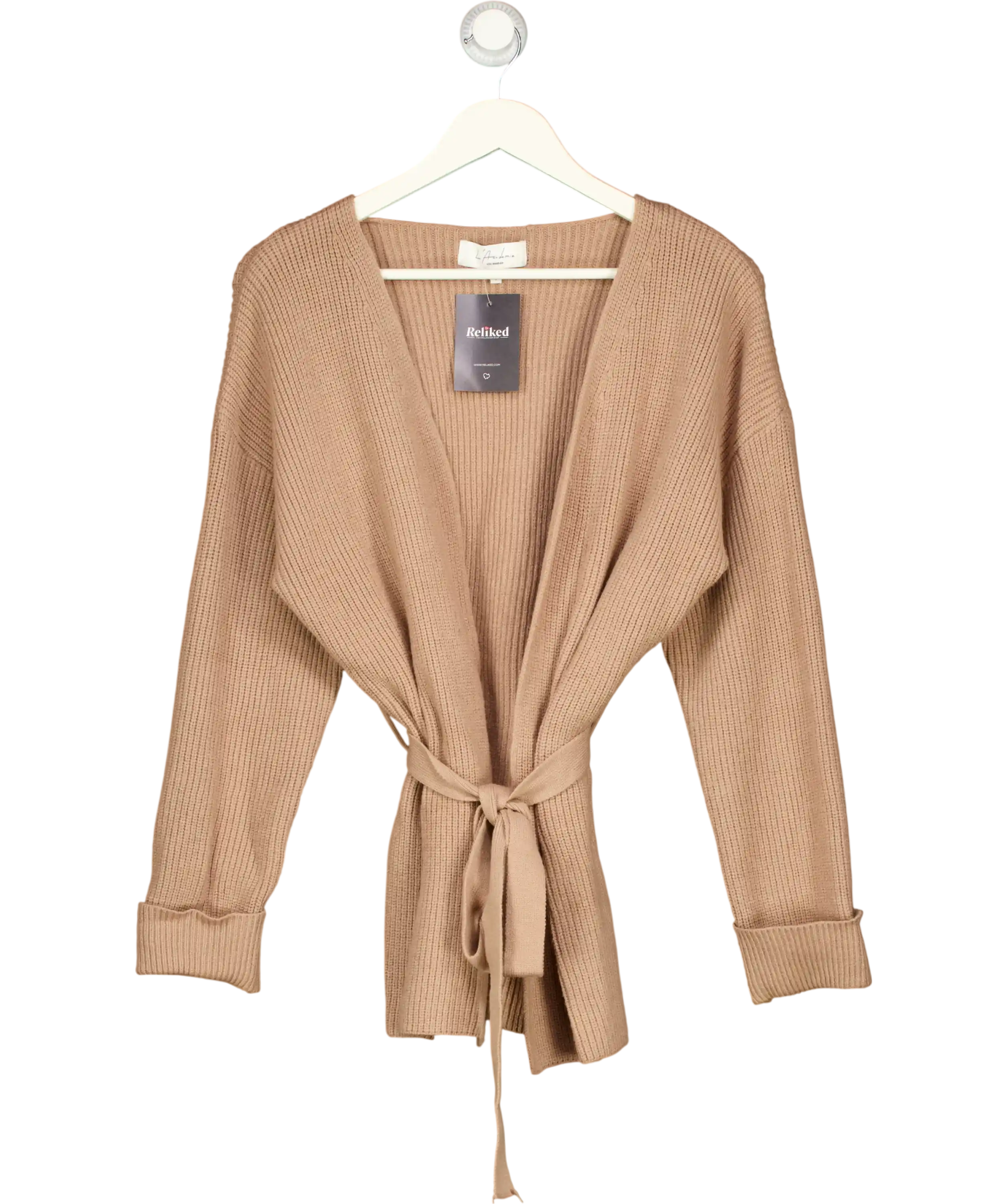 L'ACADEMIE Beige Taupe Ribbed Knit Wrap Cardigan UK S