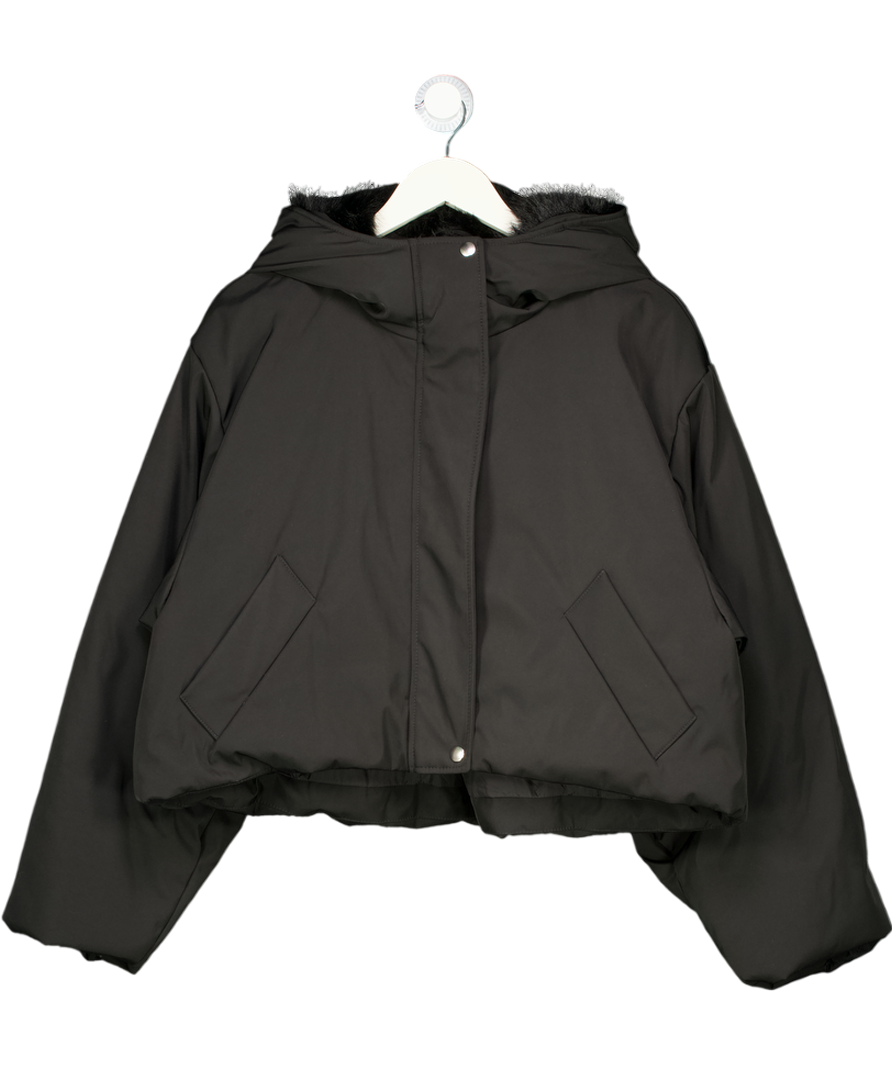 ZARA Black Water-repellent Quilted Jacket With Faux Fur Hood UK S