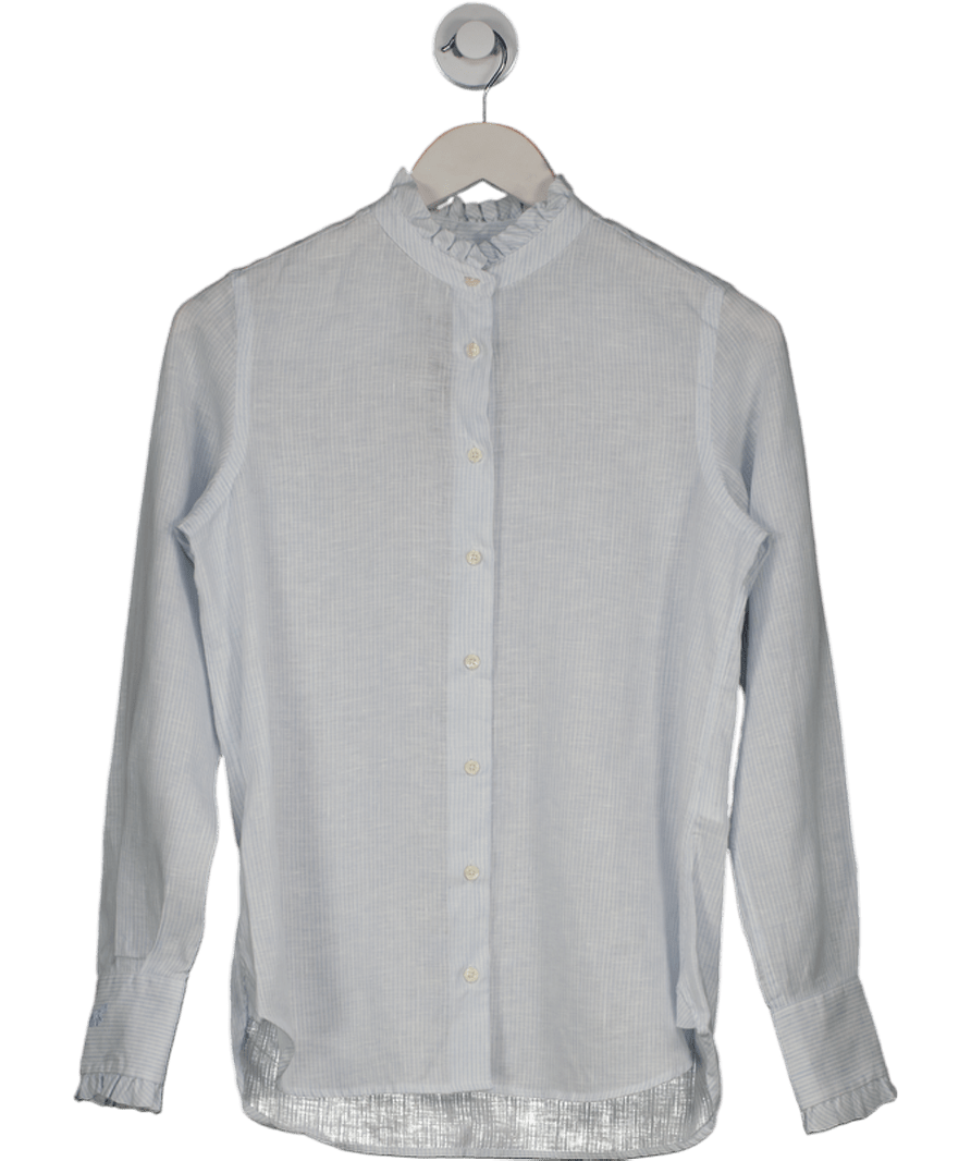 Beaufort & Blake Blue / White Ruffle Neck Linen Striped Shirt UK XS - Reliked