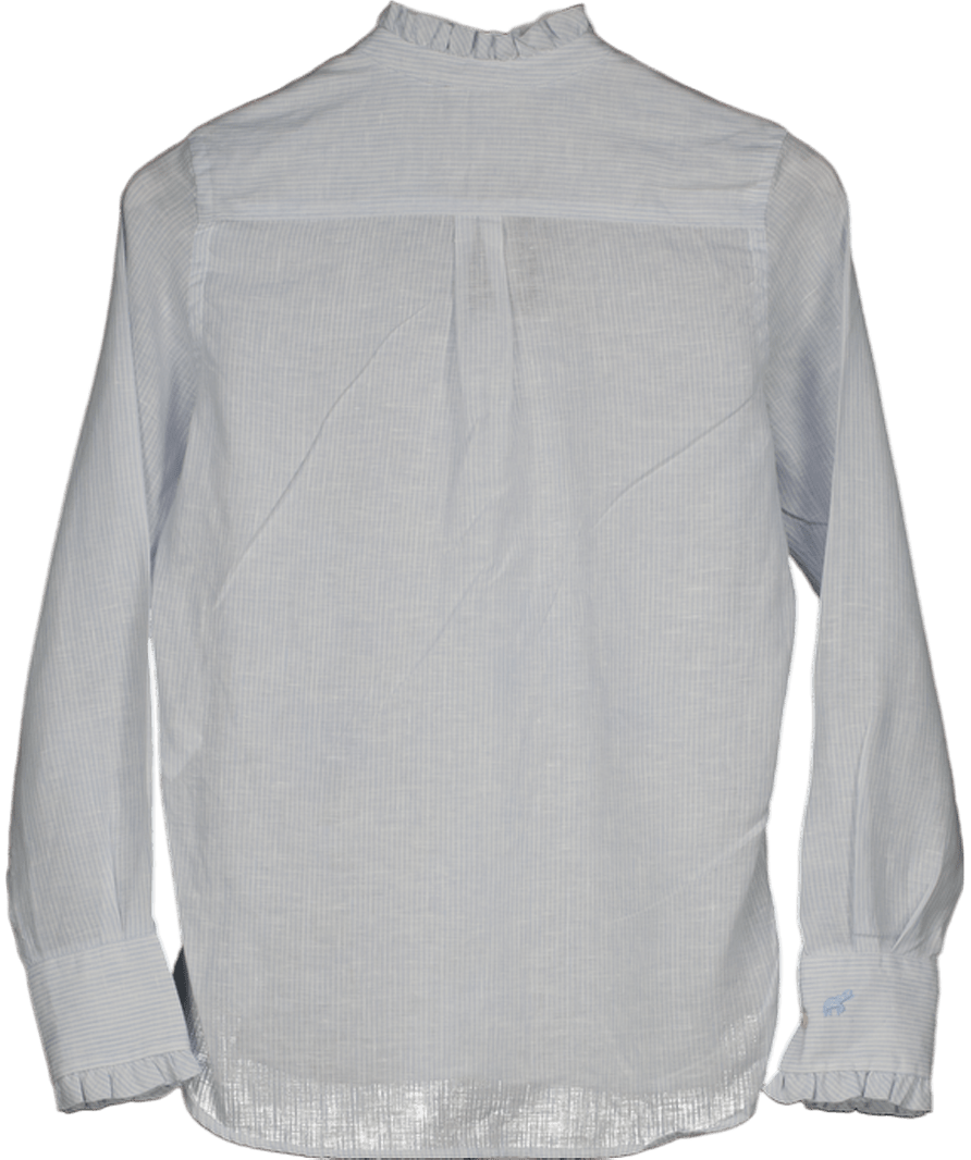 Beaufort & Blake Blue / White Ruffle Neck Linen Striped Shirt UK XS - Reliked