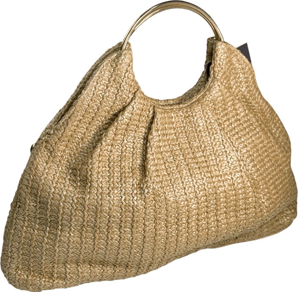 Beige Beaded Straw Bag With Top Handles - Reliked
