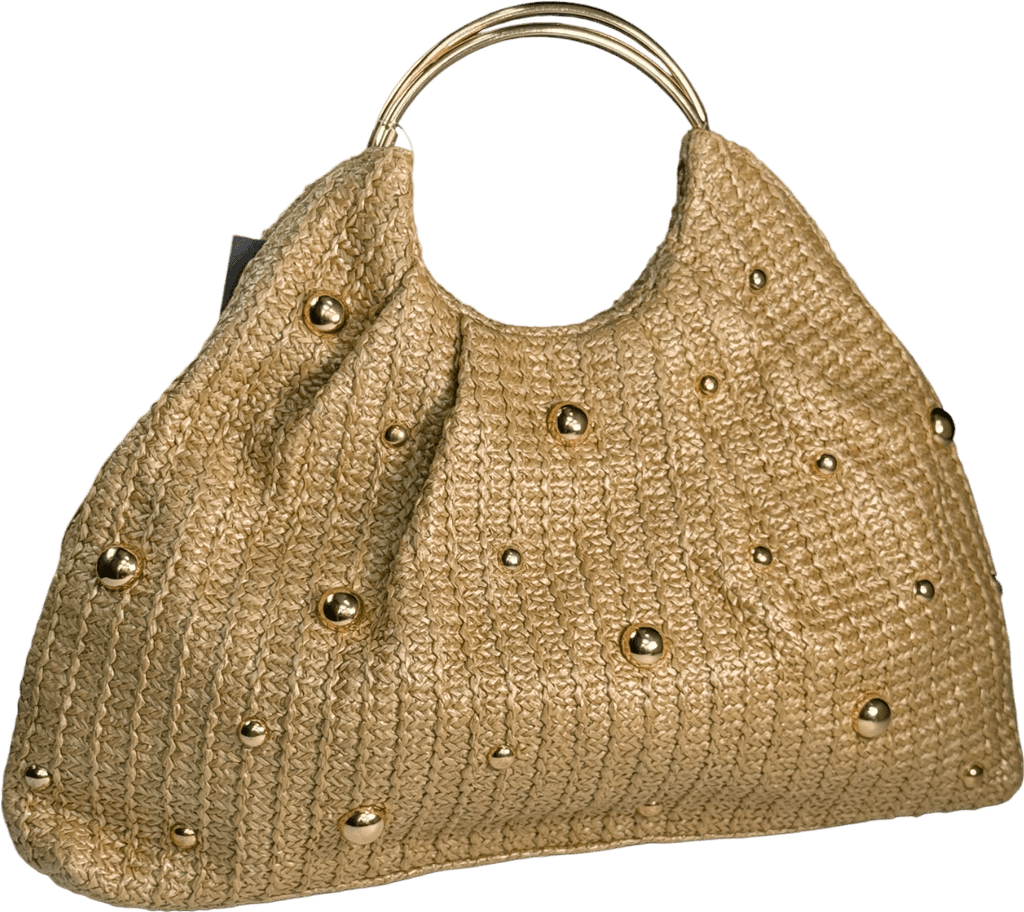 Beige Beaded Straw Bag With Top Handles - Reliked