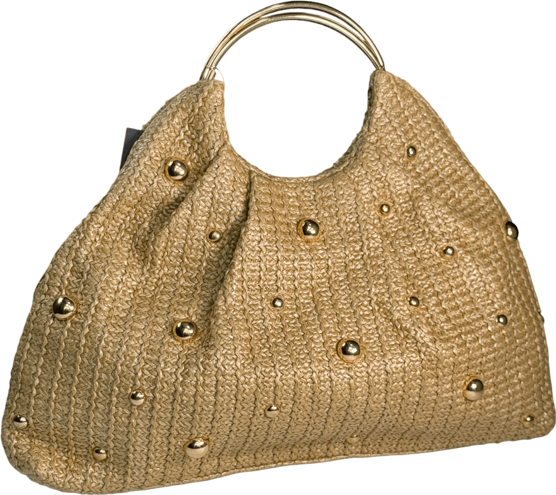 Beige Beaded Straw Bag With Top Handles - Reliked