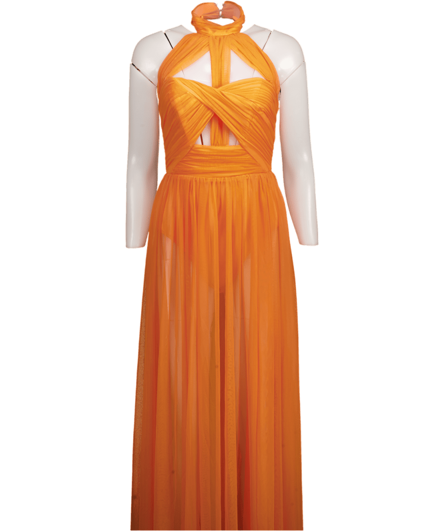 Bella Barnett Orange Rivka Halterneck Twist Mesh Maxi Dress UK S - Reliked