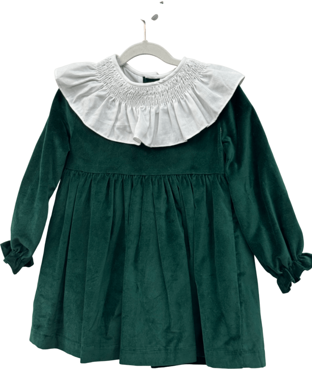 Benedita Green Velvet Dress With Smocked Frill Collar 5 Years - Reliked
