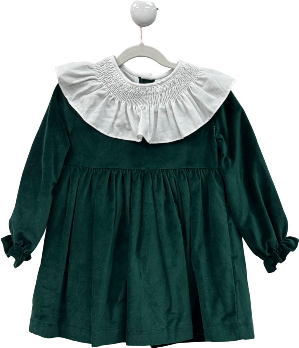 Benedita Green Velvet Dress With Smocked Frill Collar 5 Years - Reliked