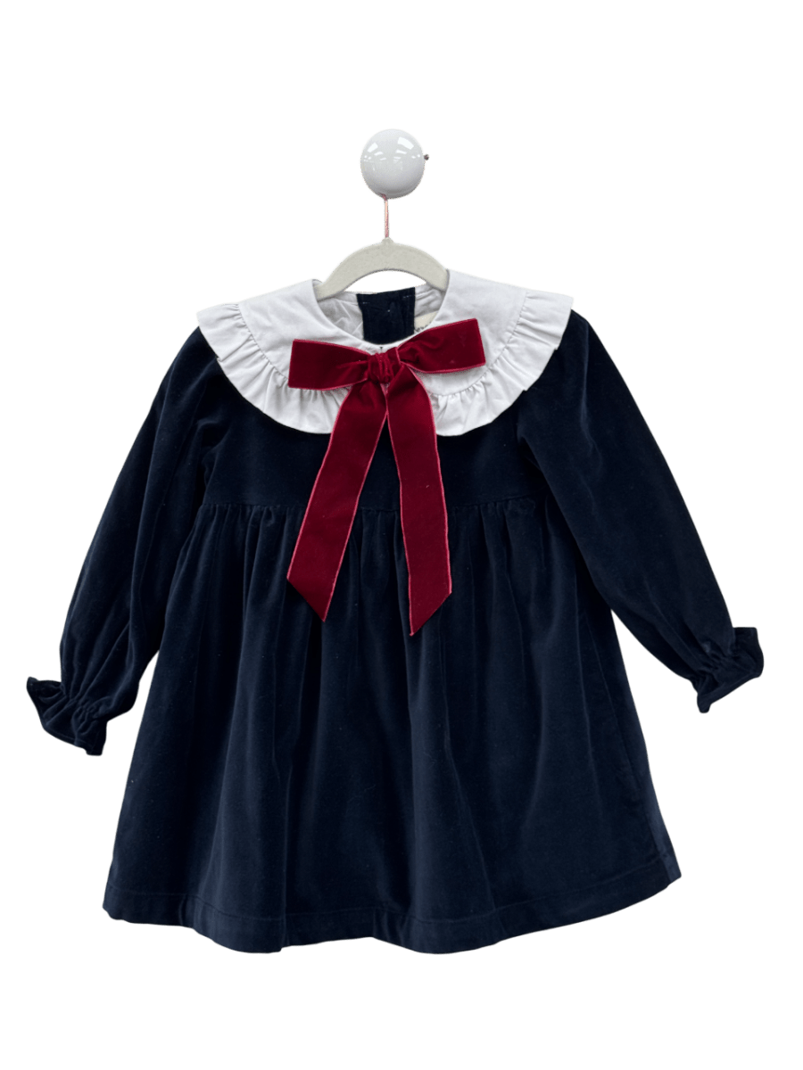 Benedita Navy Blue Velvet Bow Detail Long Sleeve Dress 4 Years - Reliked