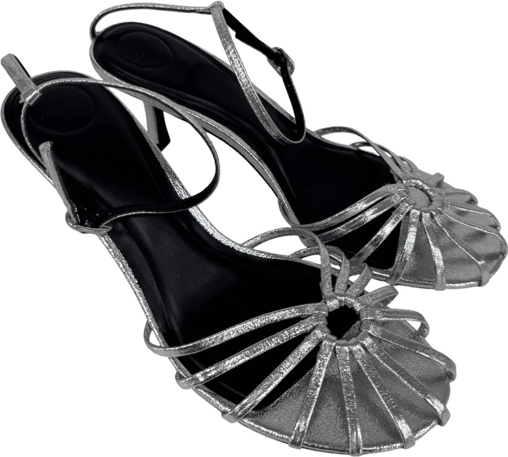 Bershka Metallic Silver Ankle Strap Kitten Heel Sandals UK 6 EU 39 👠 - Reliked