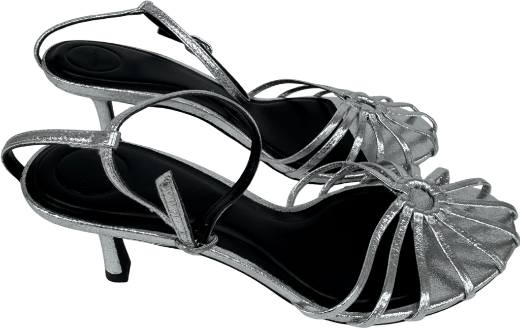 Bershka Metallic Silver Ankle Strap Kitten Heel Sandals UK 6 EU 39 👠 - Reliked