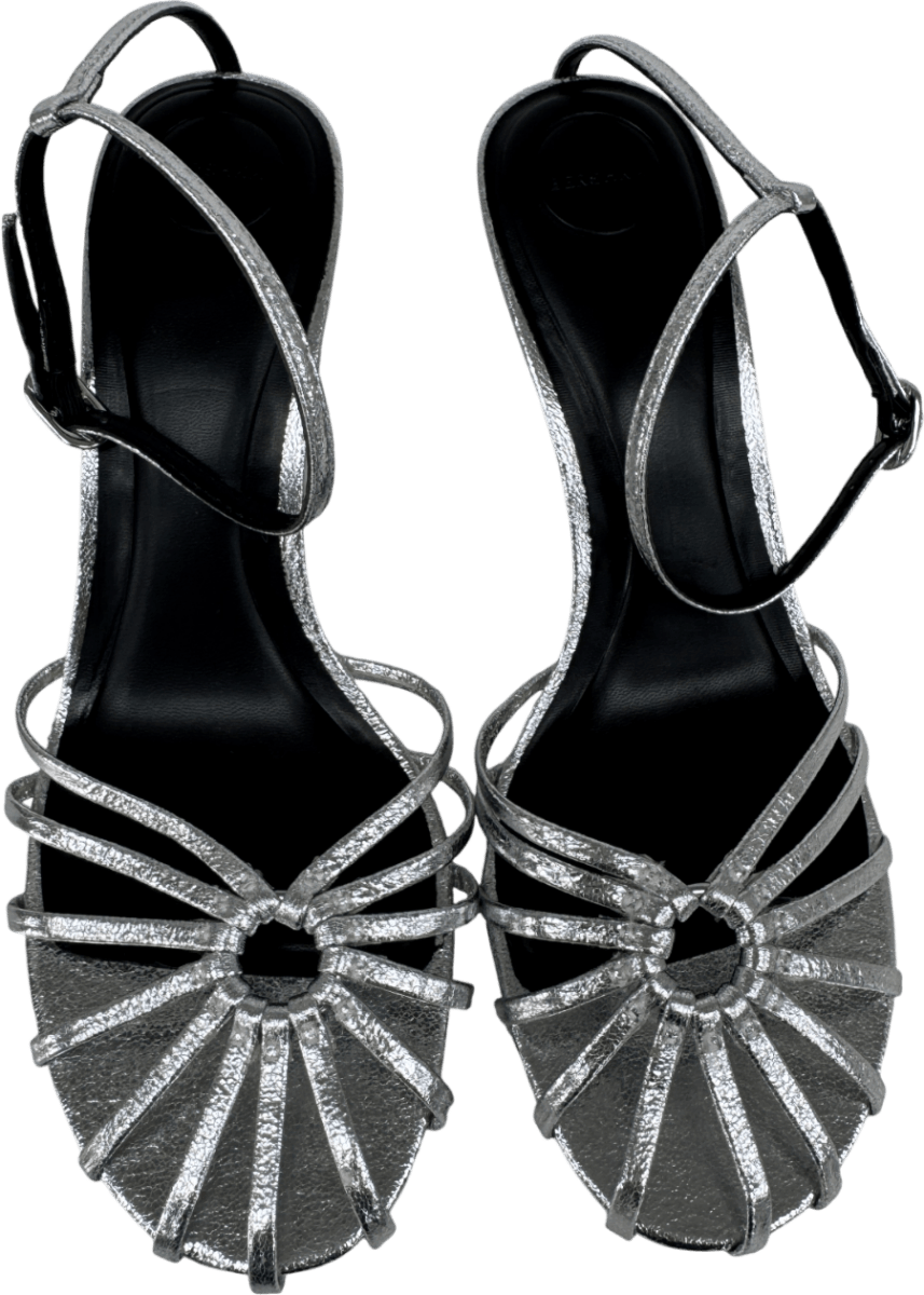 Bershka Metallic Silver Ankle Strap Kitten Heel Sandals UK 6 EU 39 👠 - Reliked