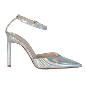 Bettina Vermillon Metallic Holographic Silver 105mm Reflex Leather Ankle Strap Pumps UK 5 EU 38