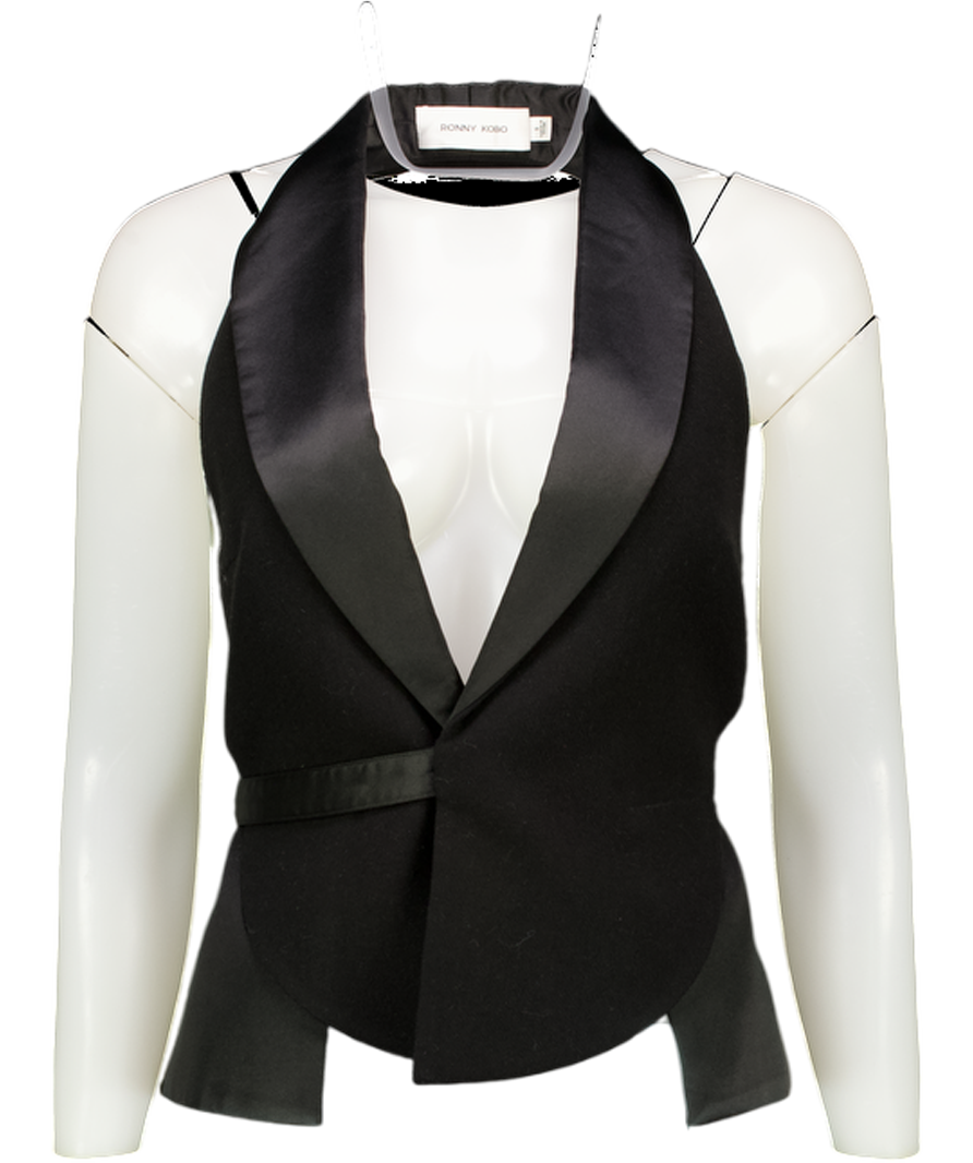 RONNY KOBO Black Ovale Balck Satin Trim Backless Tux Waistcoat UK S