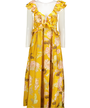 REISS Lucy Frill Floral Midi Dress, Yellow UK 6