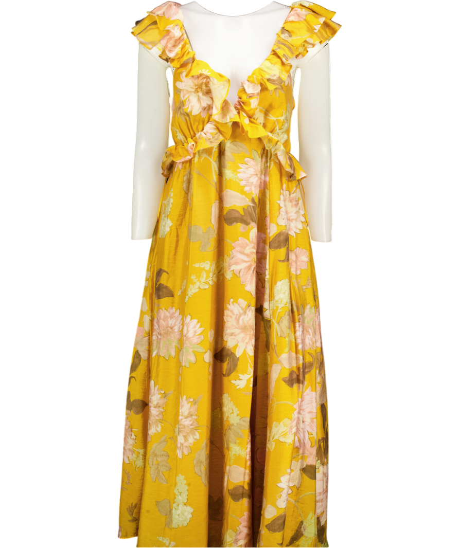 REISS Lucy Frill Floral Midi Dress, Yellow UK 6