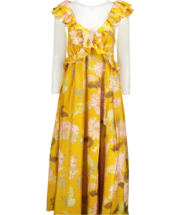 REISS Lucy Frill Floral Midi Dress, Yellow UK 6