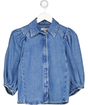ZARA Blue Denim Puff Sleeve Shirt UK XS