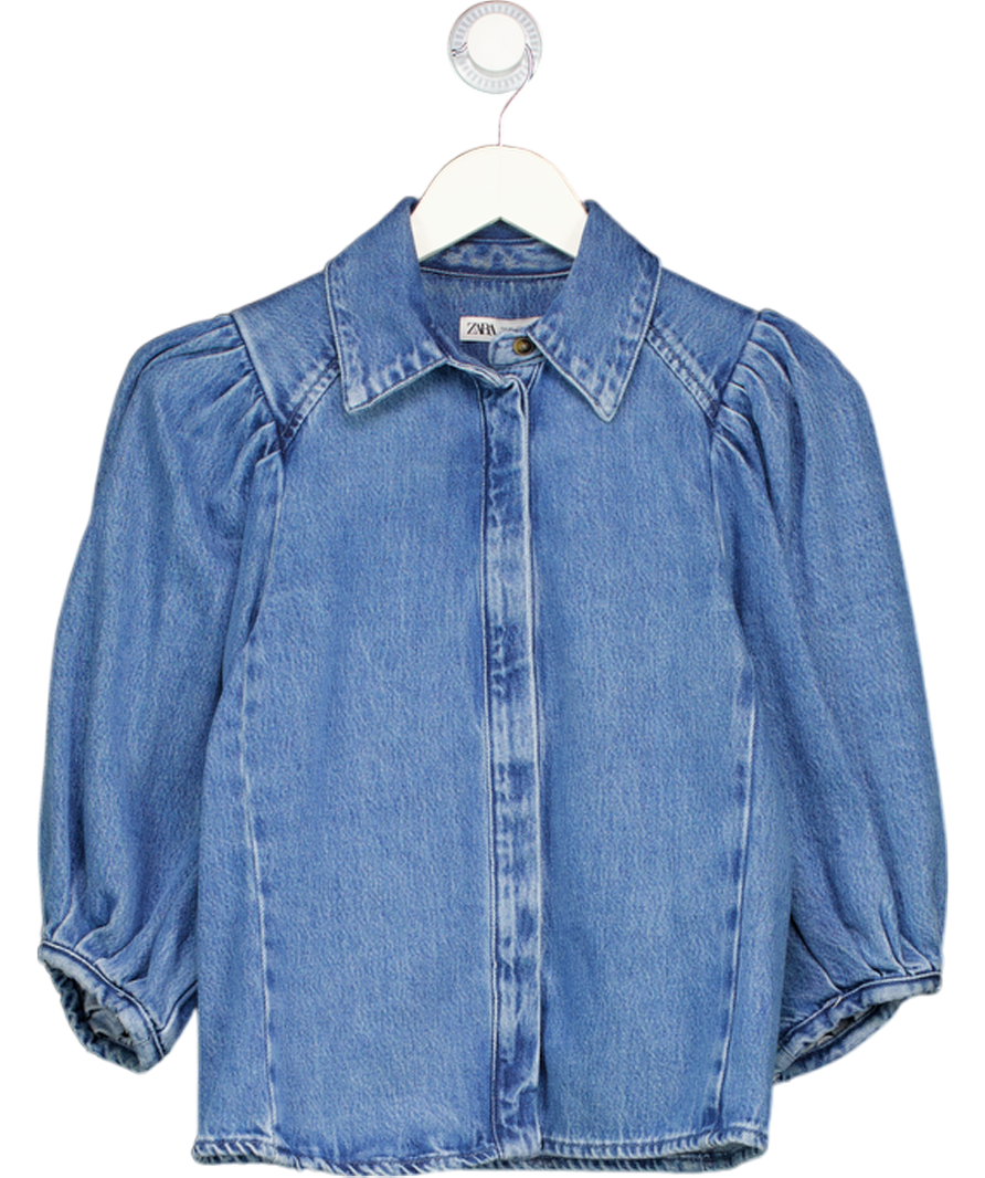 ZARA Blue Denim Puff Sleeve Shirt UK XS