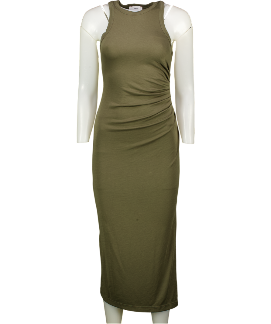 REISS Lola Jersey Ruched Racer Midi Dress In Khaki Green UK XS