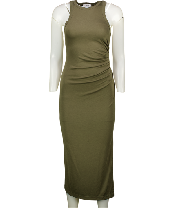 REISS Lola Jersey Ruched Racer Midi Dress In Khaki Green UK XS