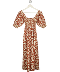 WYSE LONDON Ariana Smocked Bodice Cotton Midi Dress - Pecan Brown / Vanilla Sz 1 UK 8