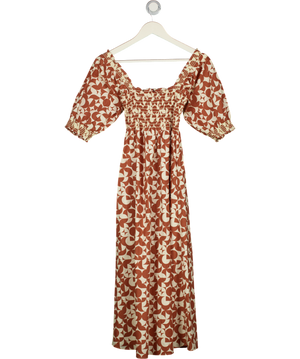 WYSE LONDON Ariana Smocked Bodice Cotton Midi Dress - Pecan Brown / Vanilla Sz 1 UK 8