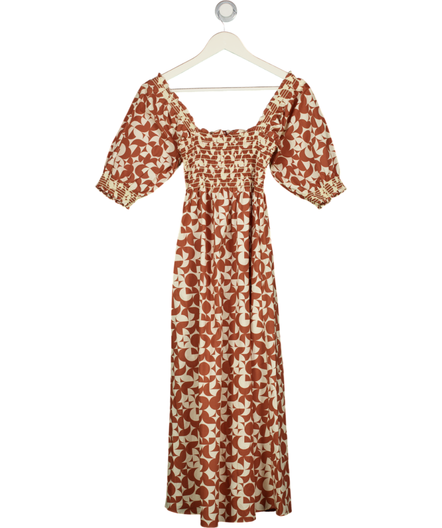 WYSE LONDON Ariana Smocked Bodice Cotton Midi Dress - Pecan Brown / Vanilla Sz 1 UK 8
