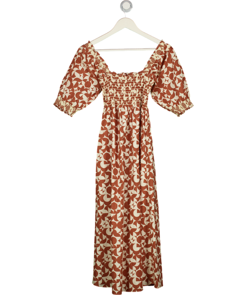 WYSE LONDON Ariana Smocked Bodice Cotton Midi Dress - Pecan Brown / Vanilla Sz 1 UK 8