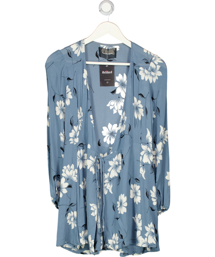 REFORMATION Dusty Blue Floral Tie Front Mini Dress UK XS