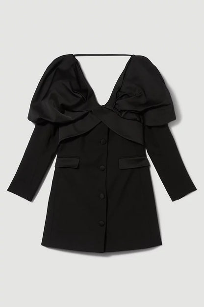 Karen Millen Black Italian Wool Satin Statement Shoulder Tailored Mini Dress UK 8