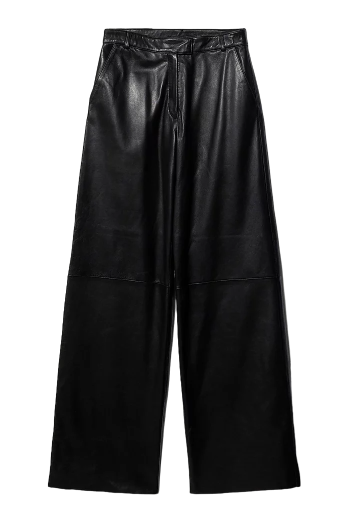Karen Millen Black Petite Leather Clean Wide Leg Trousers UK 4