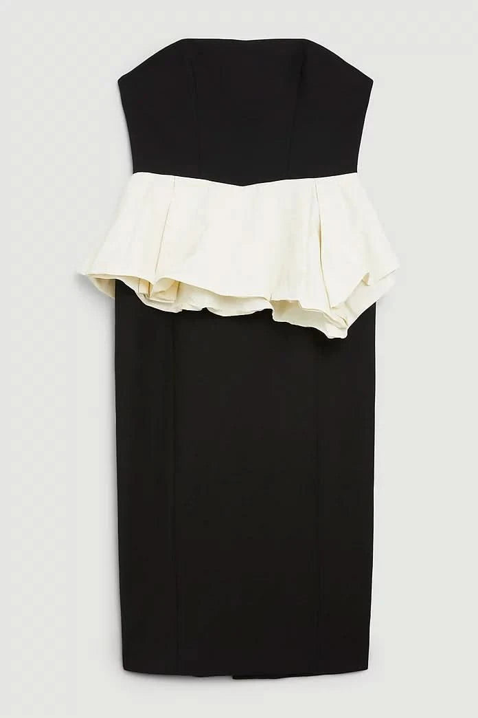 Karen Millen Black Stretch Double Ruffle Bandeau Midi Dress UK 6