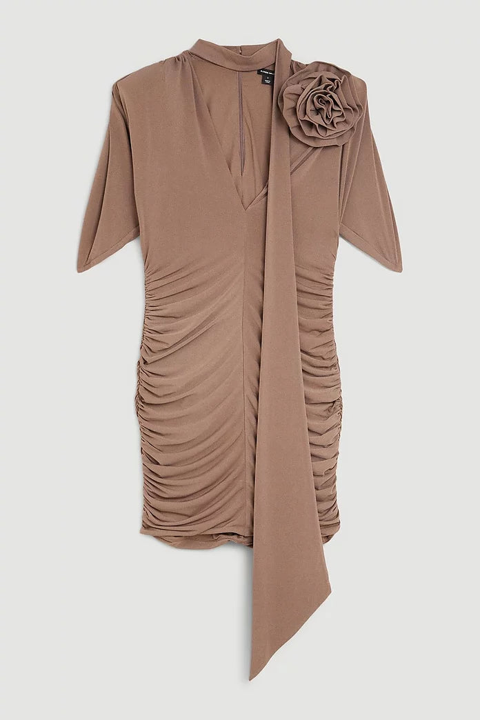 Karen Millen Brown Drape Jersey Rosette Mini Dress UK XS