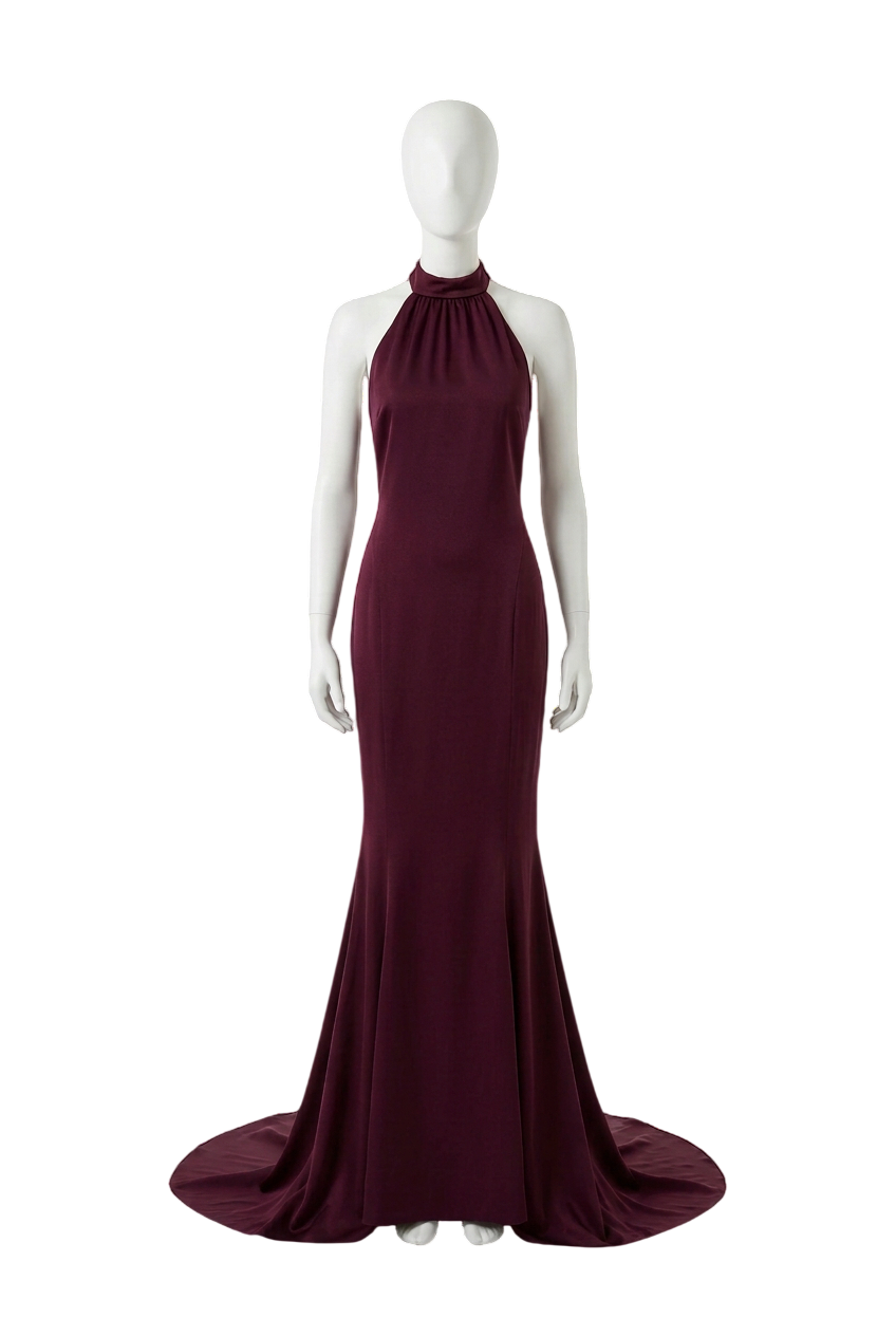 Karen Millen Premium Satin Halter Neck Tailored Maxi Dress in Plum / Burgundy UK 6