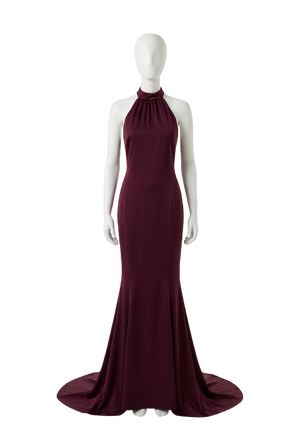 Karen Millen Premium Satin Halter Neck Tailored Maxi Dress in Plum / Burgundy UK 6