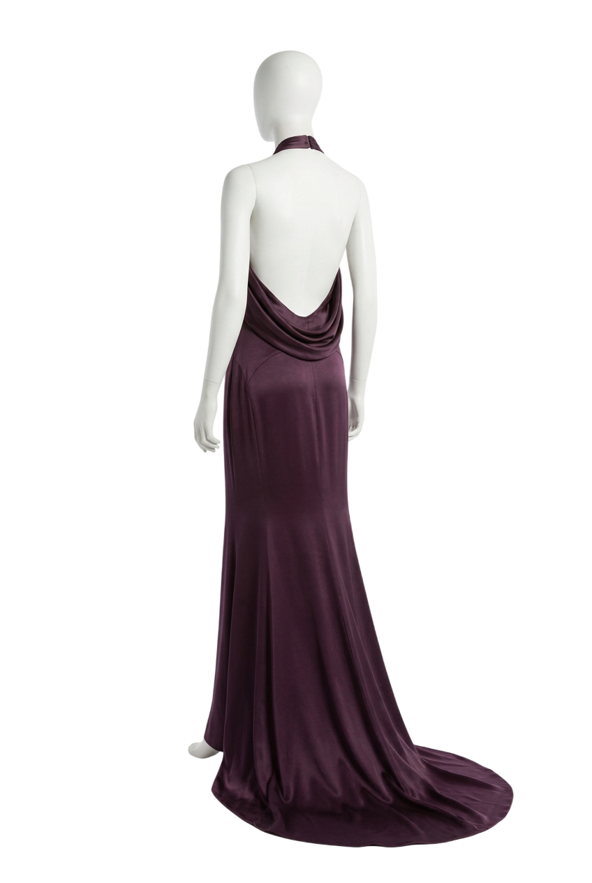 Karen Millen Premium Satin Halter Neck Tailored Maxi Dress in Plum / Burgundy UK 6