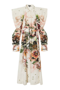 Karen Millen Placed Floral Cotton Sateen Midi Dress Cream UK 6