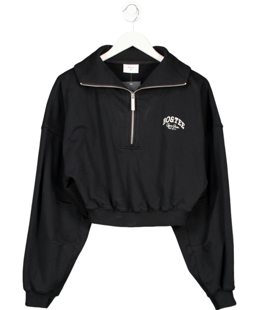 Bo + Tee Black Fleece Lined Quarter - zip Cropped Sweatshirt UK M - Reliked