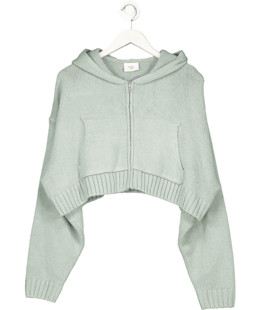 Bo & Tee Blue Chunky Knit Zip - up Cropped Hoodie In Dusty Teal UK S/M - Reliked