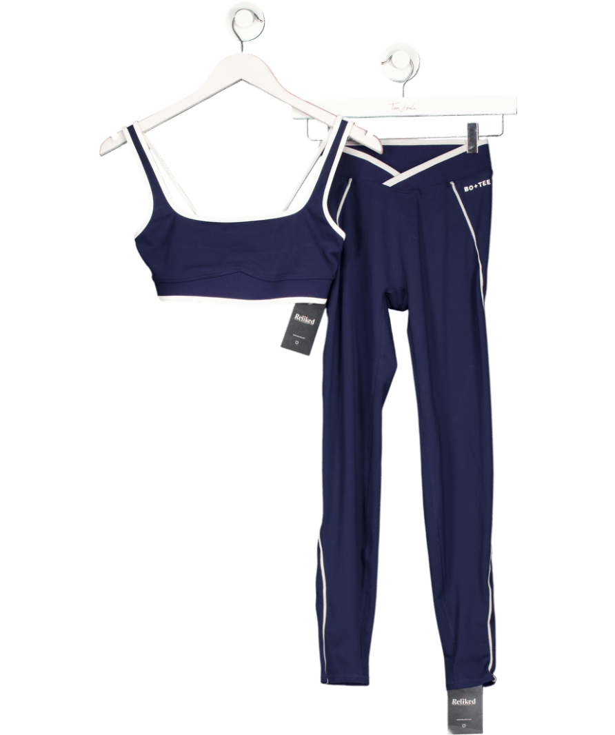 Bo + Tee Blue Soft Active Contrast Sports Bra And Crossover Leggings Set UK S - Reliked