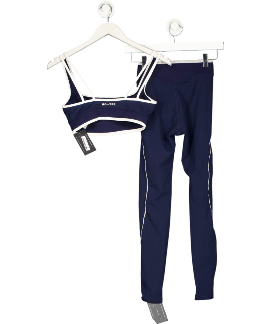 Bo + Tee Blue Soft Active Contrast Sports Bra And Crossover Leggings Set UK S - Reliked