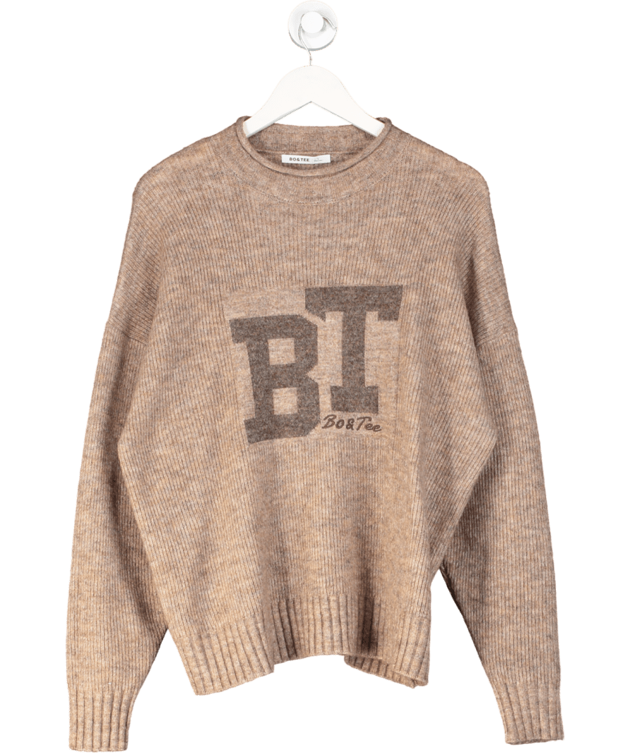 Bo + Tee Brown Oversized Wool Blend Logo Sweater UK S - Reliked