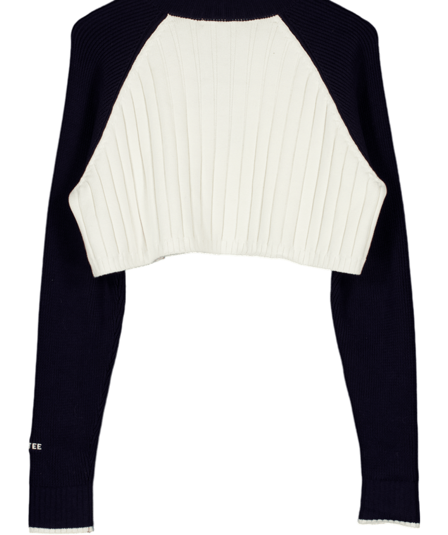 Bo + Tee White Ribbed Knit Quarter - zip Cropped Jumper UK M - Reliked