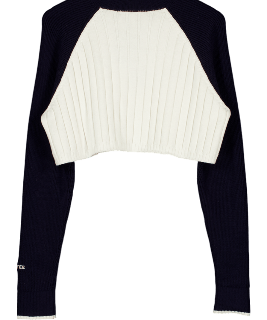 Bo + Tee White Ribbed Knit Quarter - zip Cropped Jumper UK M - Reliked
